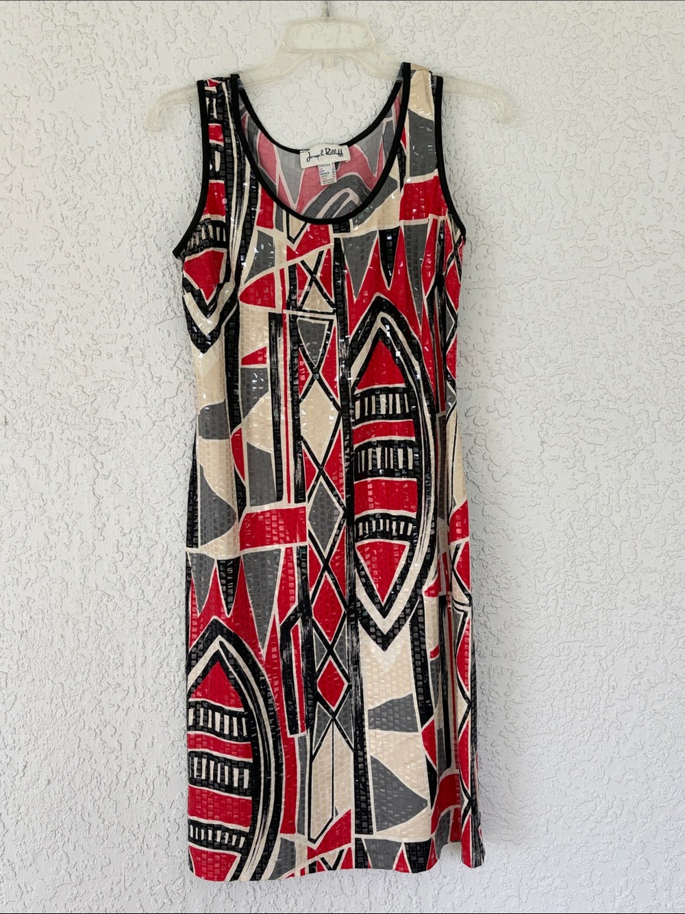 Joseph Ribkoff Red, Black & Cream Geometric Sleeveless art deco  Dress size 10